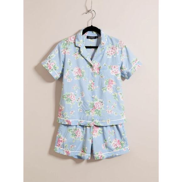 Ralph Lauren Blue Floral Pajama Set Top-M & Shorts-L Light Cotton Blend - Picture 2 of 10